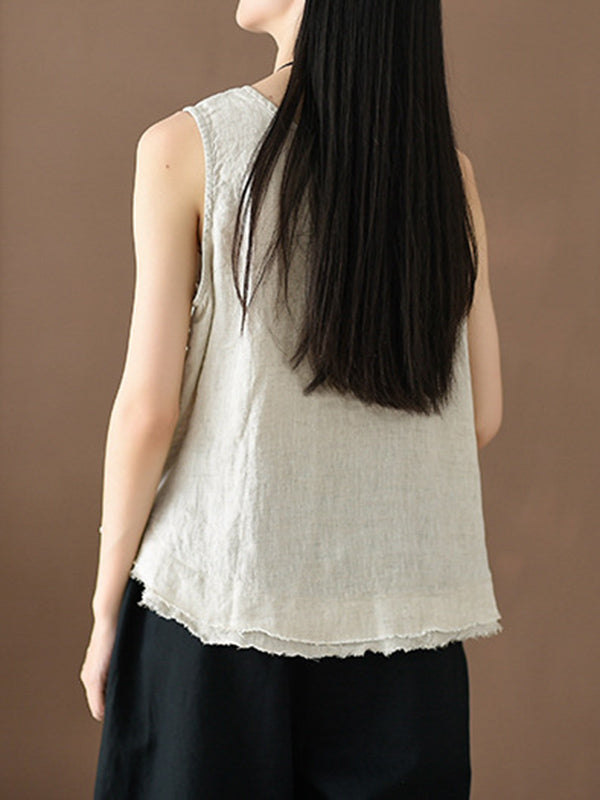 xakxx Loose Sleeveless Fringed Solid Color Round-Neck Vest Top