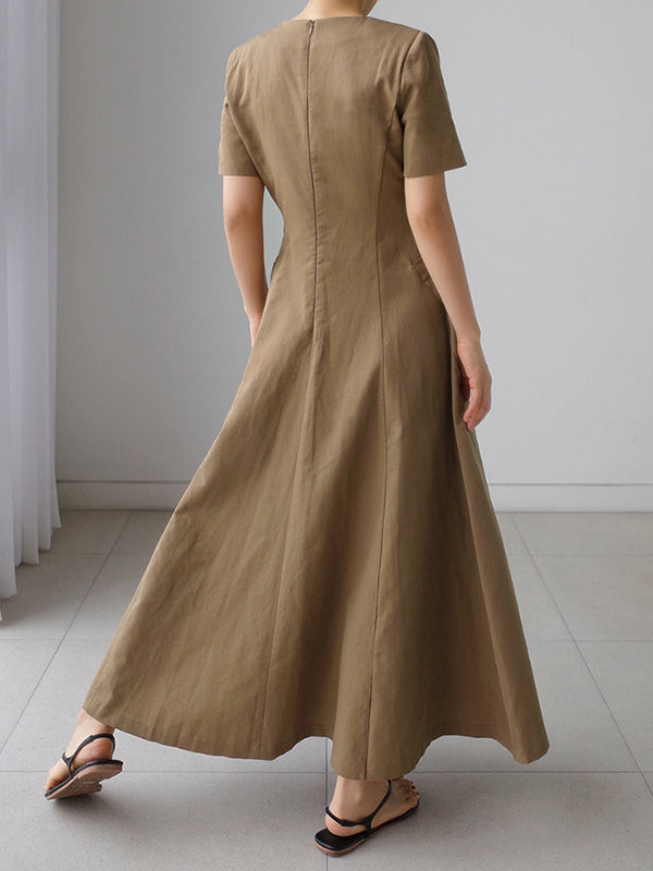 xakxx Simple Casual Solid Color Pleated Midi Dress