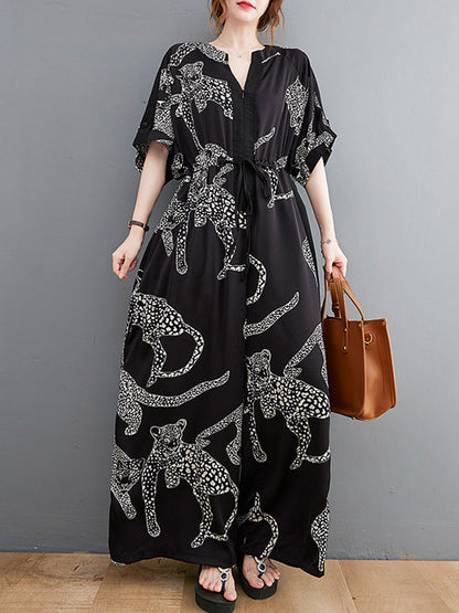 xakxx Vintage Original Floral Leopard Printed Split-Joint Tied V-Neck Half Sleeves Wide Leg Jumpsuits