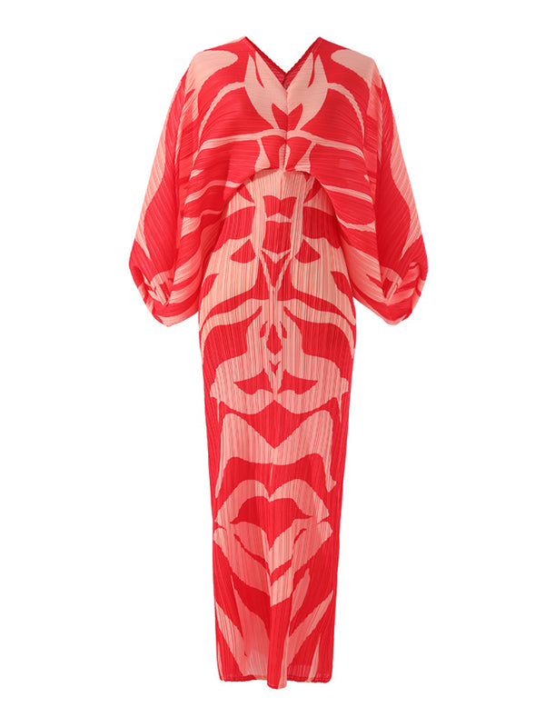 xakxx Original Batwing Sleeves Long Sleeves Contrast Color Printed Pleated V-Neck Midi Dresses