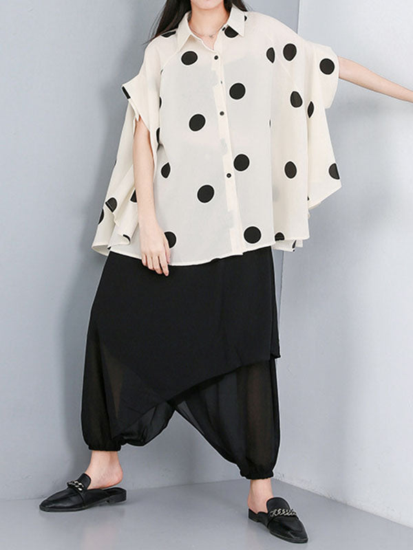 xakxx Batwing Sleeves High-Low Polka-Dot Lapel Blouses&Shirts Tops