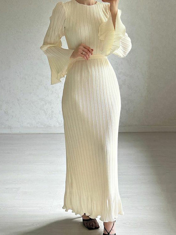 xakxx Flared Sleeves Long Sleeves Pleated Ruffled Solid Color Round-Neck Maxi Dresses