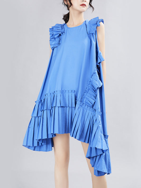 xakxx Flying Sleeves Loose Asymmetric Pleated Solid Color Split-Joint Round-Neck Midi Dresses