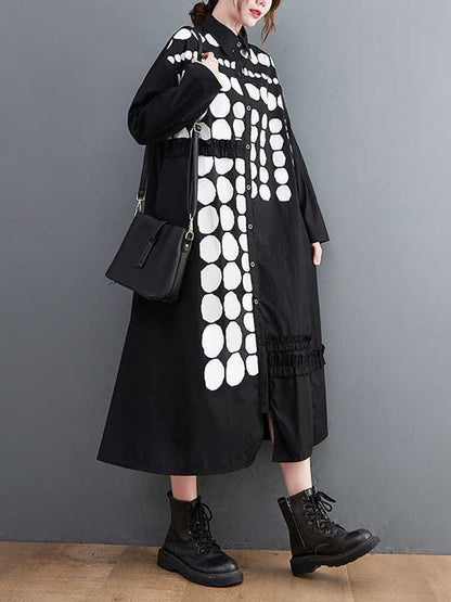 xakxx A-Line Long Sleeves Asymmetric Buttoned Polka-Dot Lapel Midi Dresses