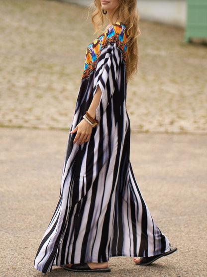 xakxx Batwing Sleeves Loose Printed Split-Side Striped V-Neck Beach Cover-Up Maxi Dresses