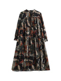 xakxx A-Line Long Sleeves Pleated Printed Split-Joint Round-Neck Midi Dresses