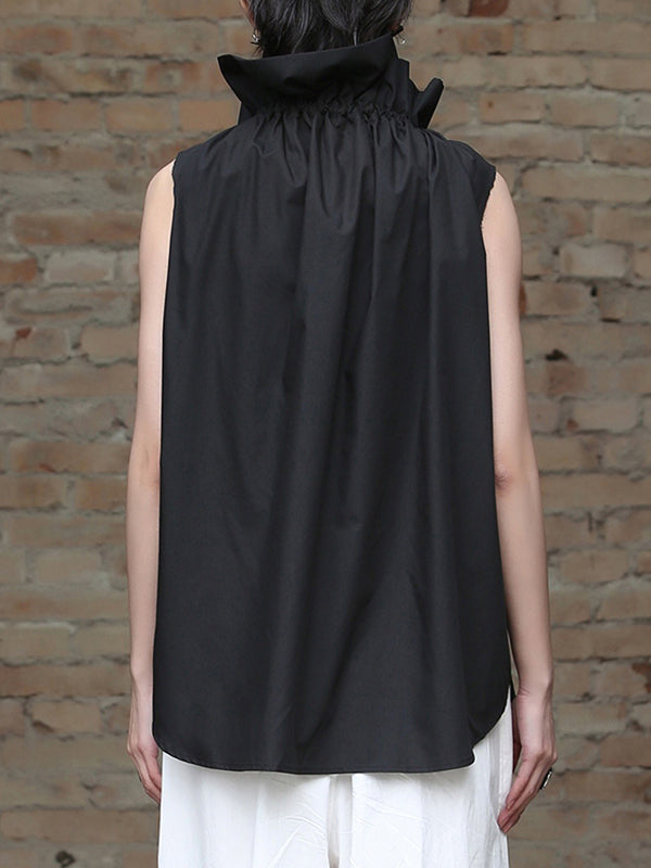 xakxx Sleeveless Pleated Solid Color Statement Collar Blouses&Shirts Tops