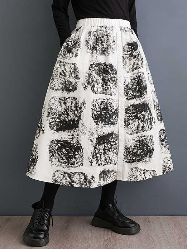 xakxx A-Line Loose Contrast Color Elasticity Printed Split-Joint Skirts