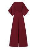 xakxx Simple Solid Color V-Neck Half Sleeves Wide Leg Jumpsuits