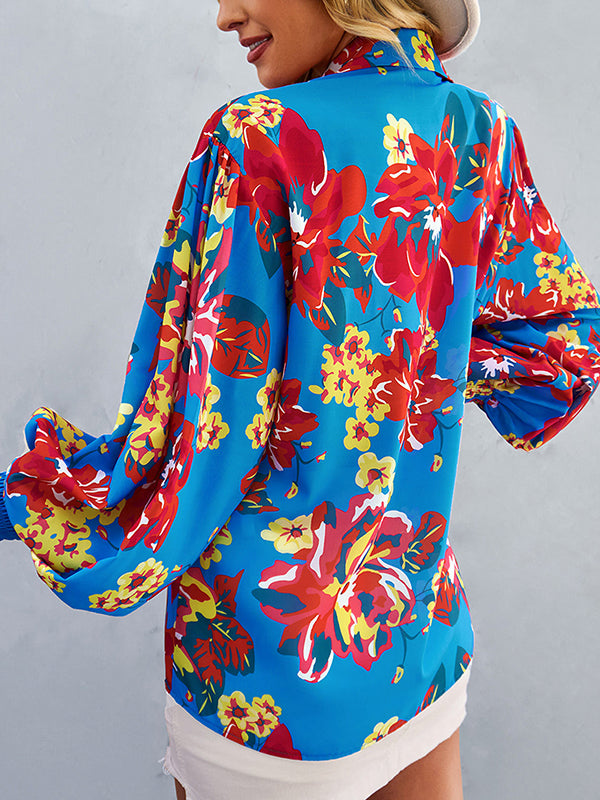 xakxx Long Sleeves Loose Buttoned Elasticity Flower Print Lapel Blouses&Shirts Tops