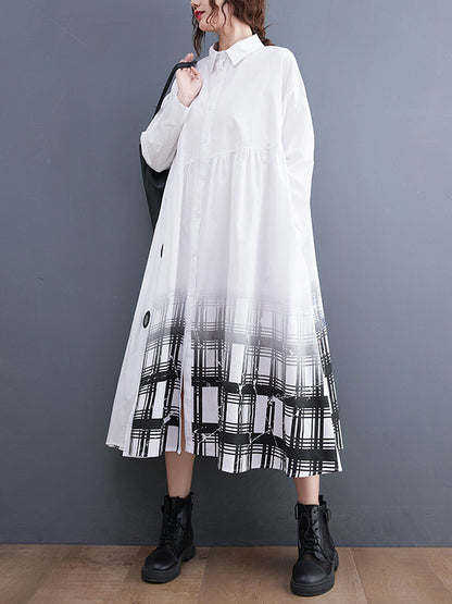 xakxx A-Line Long Sleeves Buttoned Gradient Plaid Lapel Midi Dresses