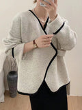 xakxx Long Sleeves Loose Split-Joint V-Neck Cardigan Tops