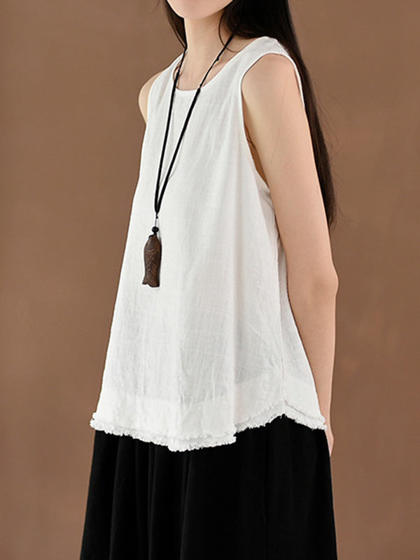 xakxx Loose Sleeveless Fringed Solid Color Round-Neck Vest Top