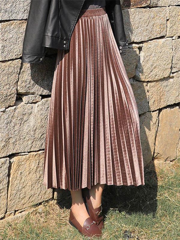 xakxx Solid Color High-Waist Pleated A-Line Skirt