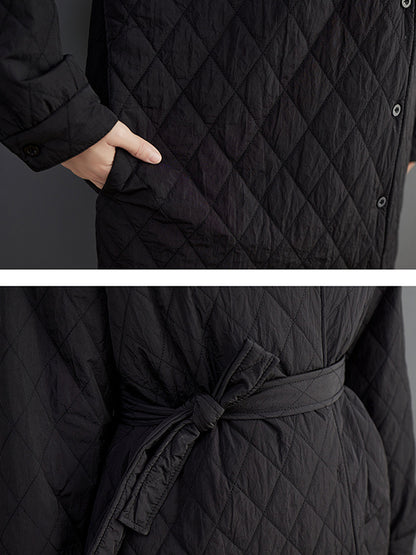 xakxx Simple Loose Rhombic Belted Solid Color Lapel Padded Coat