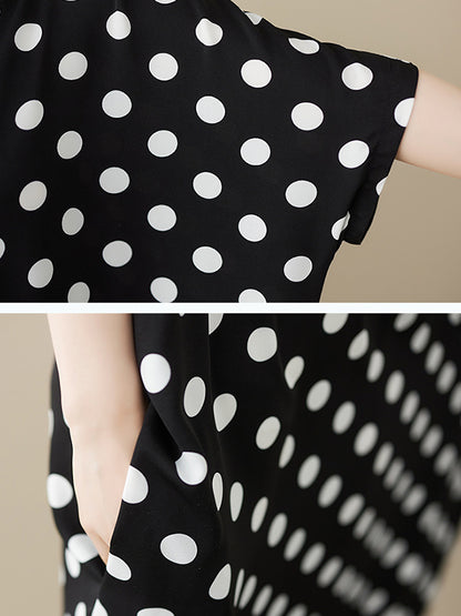 xakxx Loose Short Sleeves Polka-Dot V-Neck Midi Dresses