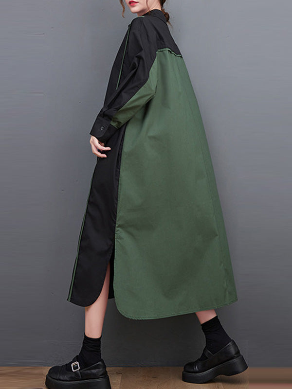 xakxx Long Sleeves Loose Asymmetric Buttoned Split-Joint Split-Side Lapel Midi Dresses Shirt Dress