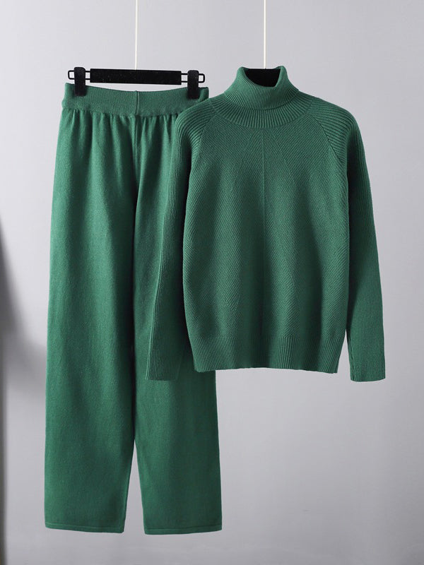 xakxx Urban Long Sleeves Loose Solid Half Turtleneck Sweater Tops & Wide Leg Pants Two Pieces Set