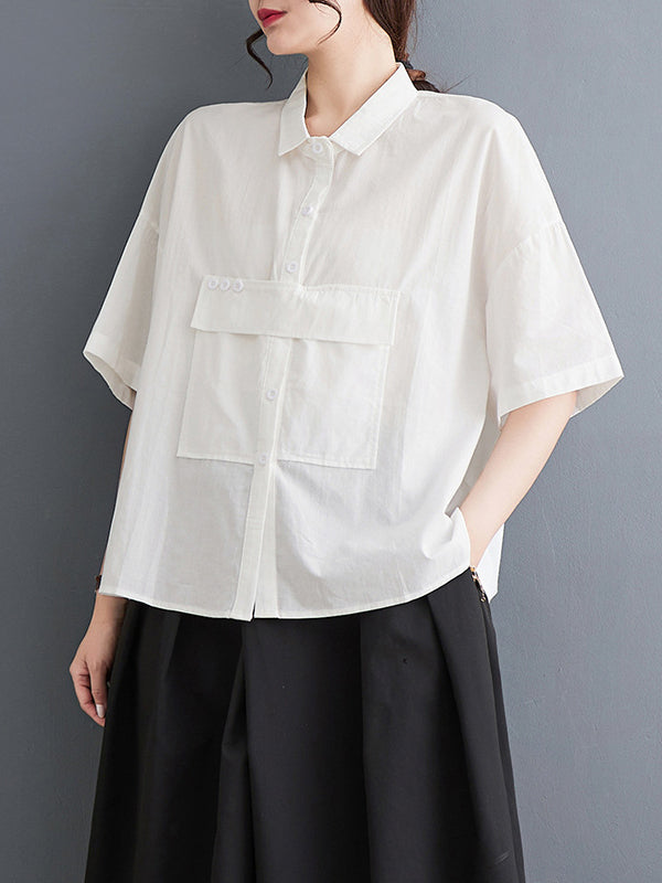 xakxx Loose Short Sleeves Solid Color Split-Joint Blouses