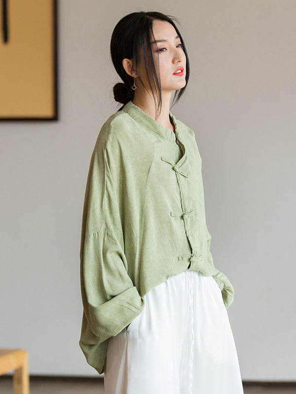 xakxx Artistic Retro Loose Long Sleeves Buttoned Solid Color Stand Collar Blouses&Shirts Tops