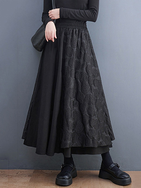 xakxx A-Line Loose Asymmetric Elasticity Jacquard Solid Color Skirts Bottoms