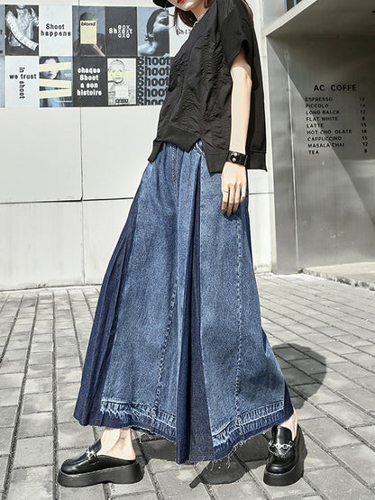 xakxx Loose Wide Leg Elasticity Fringed Pleated Jean Pants Bottoms