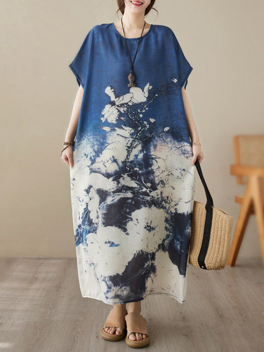 xakxx Loose Short Sleeves Printed Round-Neck Maxi Dresses