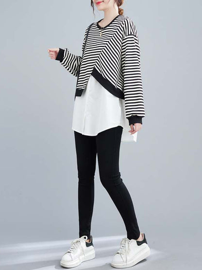 xakxx Original Long Sleeves False Two Striped Round-Neck Hoodies&Sweatshirt Tops