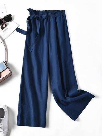 xakxx Simple Ramie Cotton Solid Color Loose Ninth Wide-Leg Pants