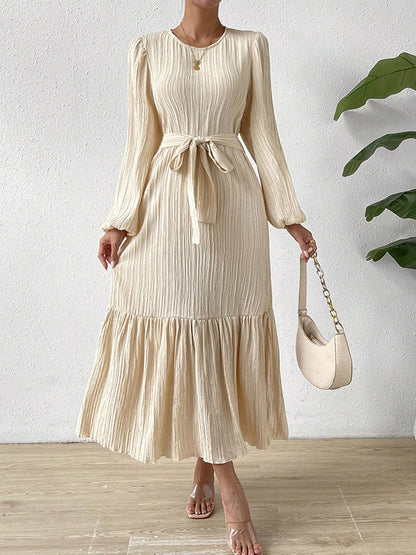 xakxx A-line Long Sleeves Elasticity Pleated Solid Color Split-Joint Tied Waist Round-neck Midi Dresses