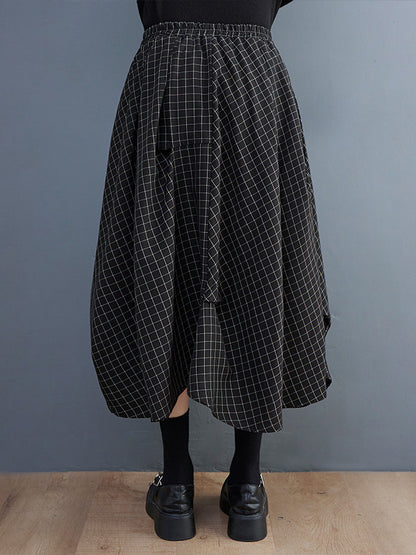 xakxx Loose Irregular Clipping Plaid Asymmetric Elasticity Skirts Bottoms