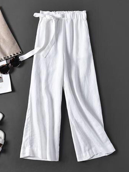 xakxx Simple Ramie Cotton Solid Color Loose Ninth Wide-Leg Pants