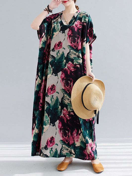 xakxx Artistic Retro Short Sleeves Loose Floral Printed Contrast Color V-Neck Maxi Dresses