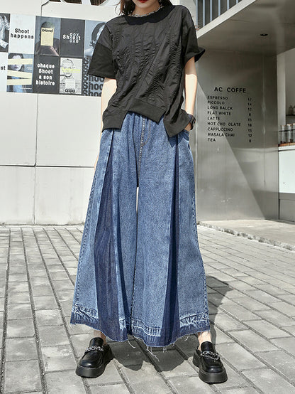 xakxx Loose Wide Leg Elasticity Fringed Pleated Jean Pants Bottoms