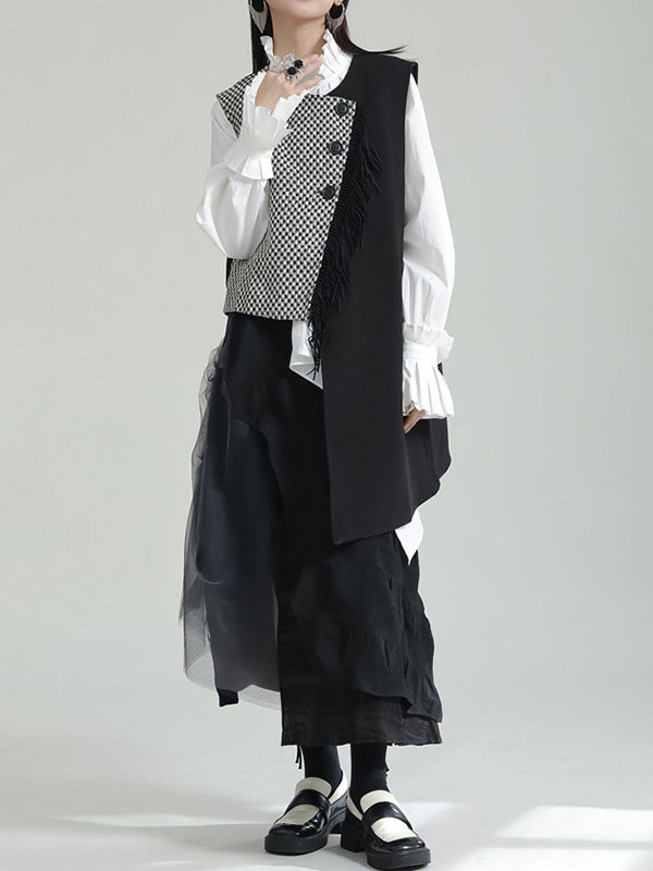 xakxx Ruffle Sleeves Sleeveless Asymmetric Buttoned Houndstooth Vest Outerwear