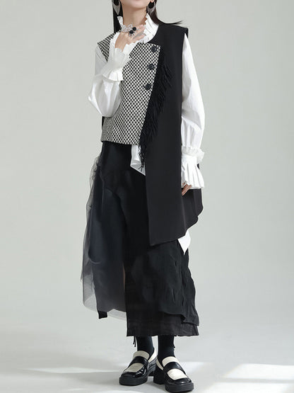 xakxx Ruffle Sleeves Sleeveless Asymmetric Buttoned Houndstooth Vest Outerwear