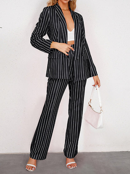 xakxx Long Sleeves Striped Lapel Blazer Top + Wide Leg Pants Bottom Two Pieces Set