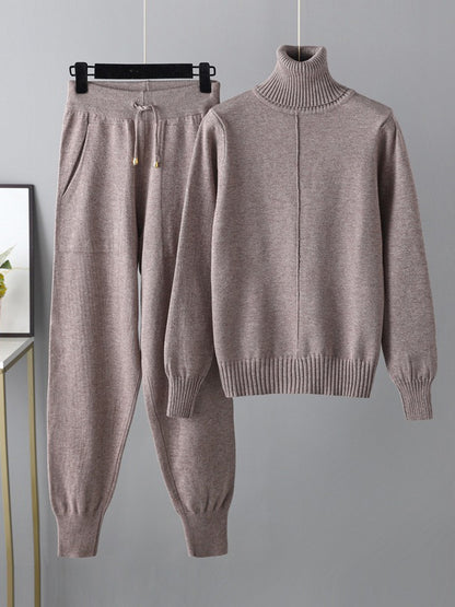 xakxx Casual Solid Long Sleeves High-Neck Sweater Tops & Drawstring Wide Leg Pants Suits