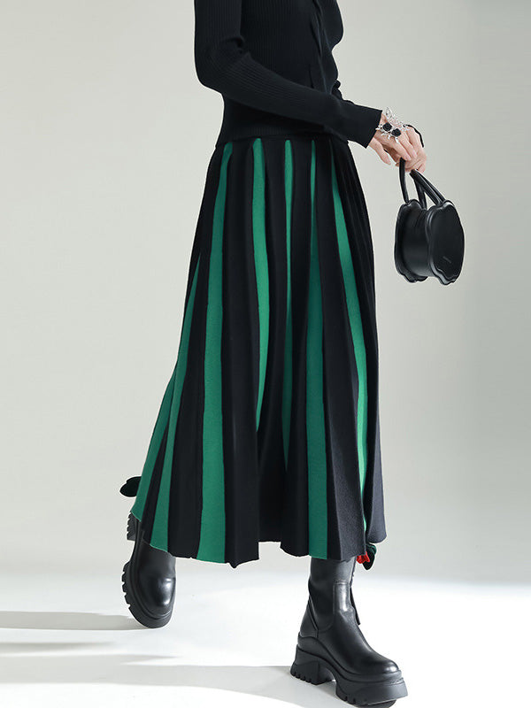 xakxx Original Creation Loose A-Line Contrast Color Striped Skirts Bottoms