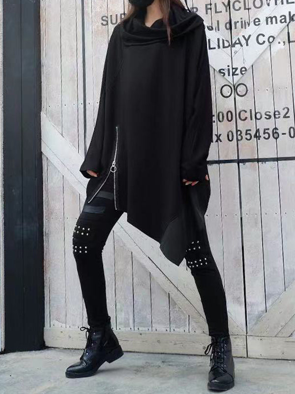 xakxx Batwing Sleeves Loose Asymmetric Split-Joint Zipper Heaps Collar Sweatershirt