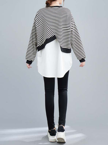 xakxx Original Long Sleeves False Two Striped Round-Neck Hoodies&Sweatshirt Tops