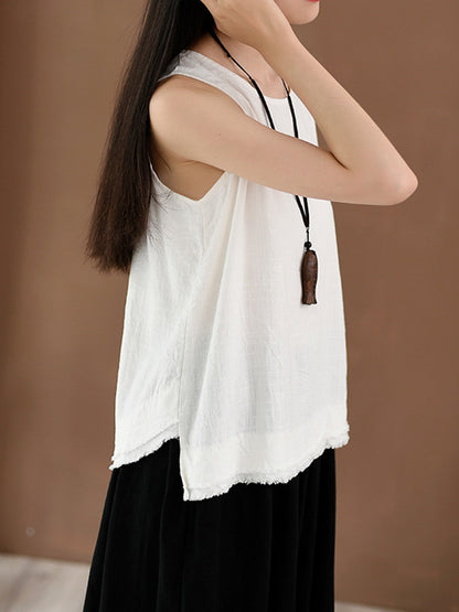 xakxx Loose Sleeveless Fringed Solid Color Round-Neck Vest Top