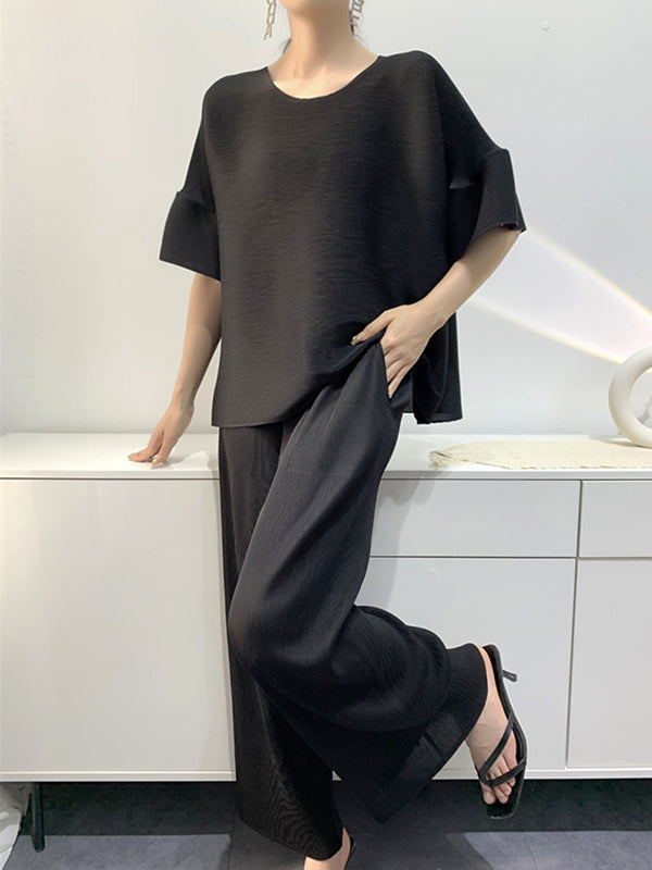 xakxx Elastics Pleated Solid Color Round-Neck T-Shirt + Wide Leg Pants Two Pieces Set