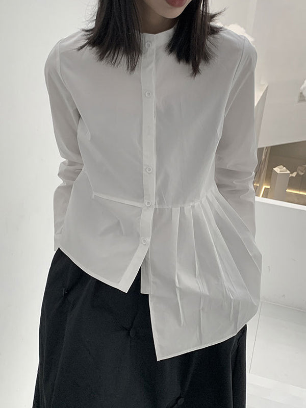 xakxx Long Sleeves Asymmetric Buttoned Pleated Solid Color Round-Neck Blouses&Shirts Tops