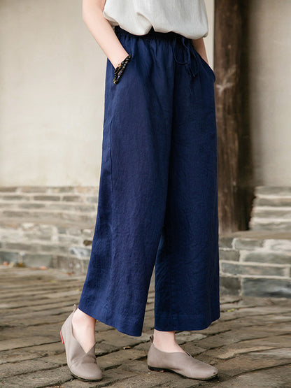 xakxx Simple Linen Column Elasticity Waist Pants