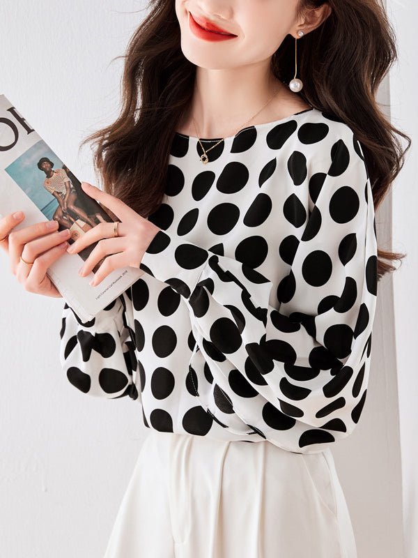 xakxx Long Sleeves Loose Polka-Dot Round-Neck Blouses&Shirts Tops