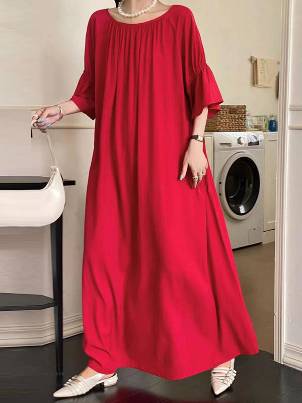 xakxx Half Sleeves Loose Solid Color Round-Neck Midi Dresses