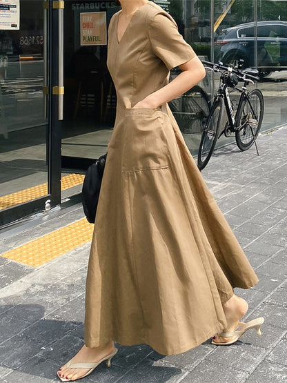 xakxx Simple Casual Solid Color Pleated Midi Dress