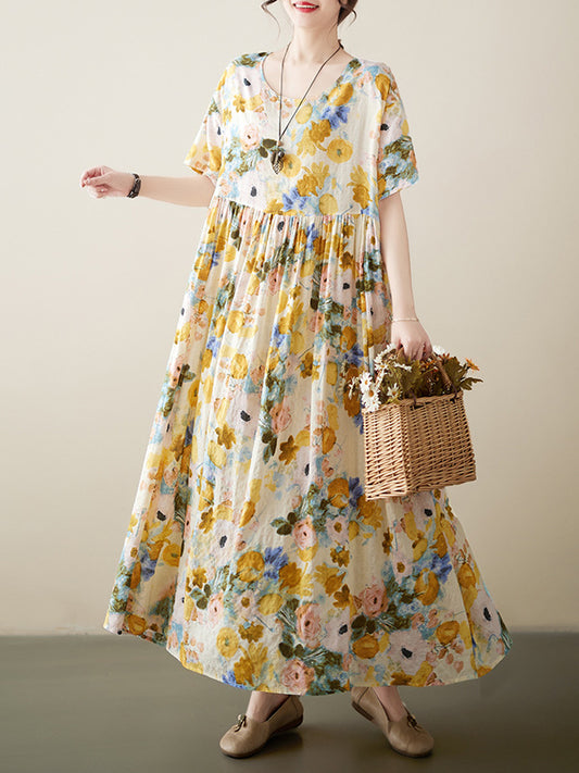 xakxx A-Line Loose Floral Printed Round-Neck Midi Dresses