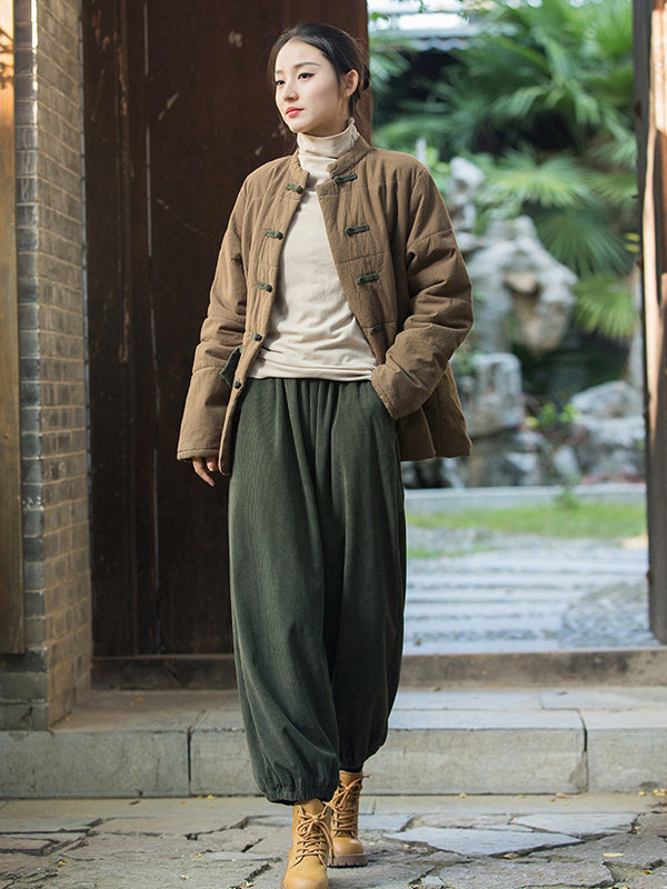 xakxx Loose Solid Color Corduroy Casual Ninth Pants Bottoms